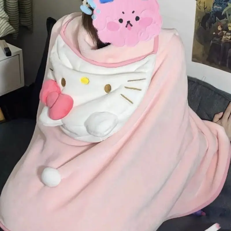 Hello Kitty Blanket Cute Cartoon Hooded Bath Towel Shawl Hooded Blanket Nap Air Conditioning Blanket Children'S Day Gift