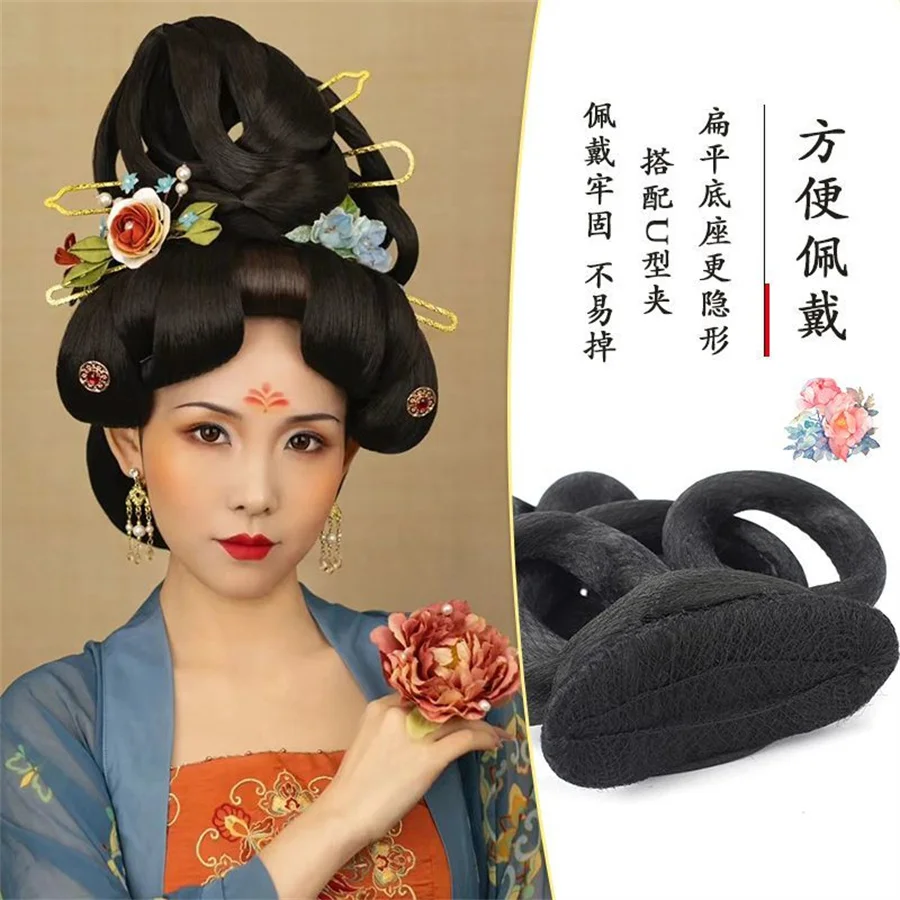 Disfraz de Hanfu antiguo para mujer, peluca sintética antigua China, moño de pelo de princesa, escenario, TV, Cosplay