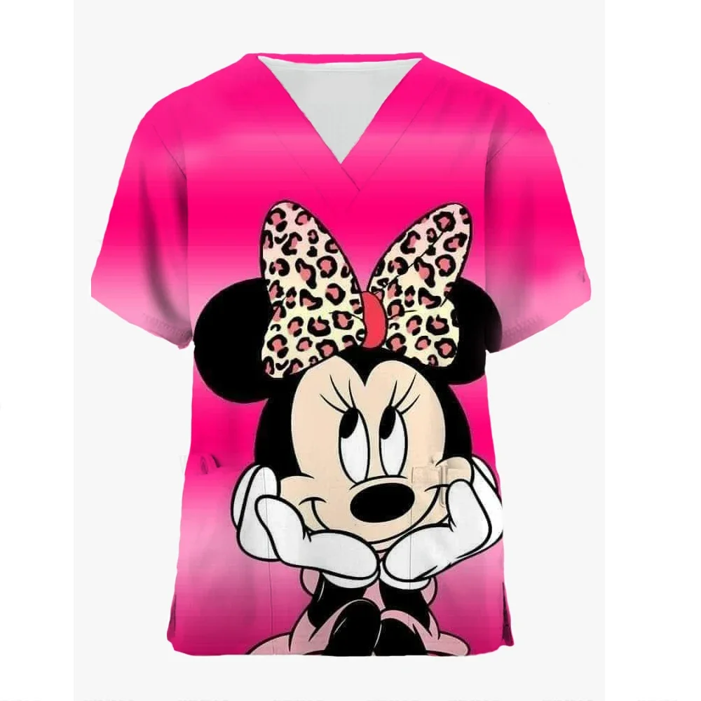 Disney Mickey Mouse Print Scrub Tops Women Short Sleeve V-neck Tops Nurse Uniform Cartoon Print Working Blouse Ladies uniform