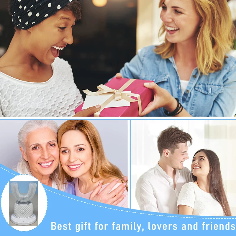 جديد قابلة للشحن الأزرق الأبيض الذكية السفر U-شكل فرشاة الأسنان الناعمة مجموعة فرشاة الأسنان الكهربائية منظف الفم المحمولة #3