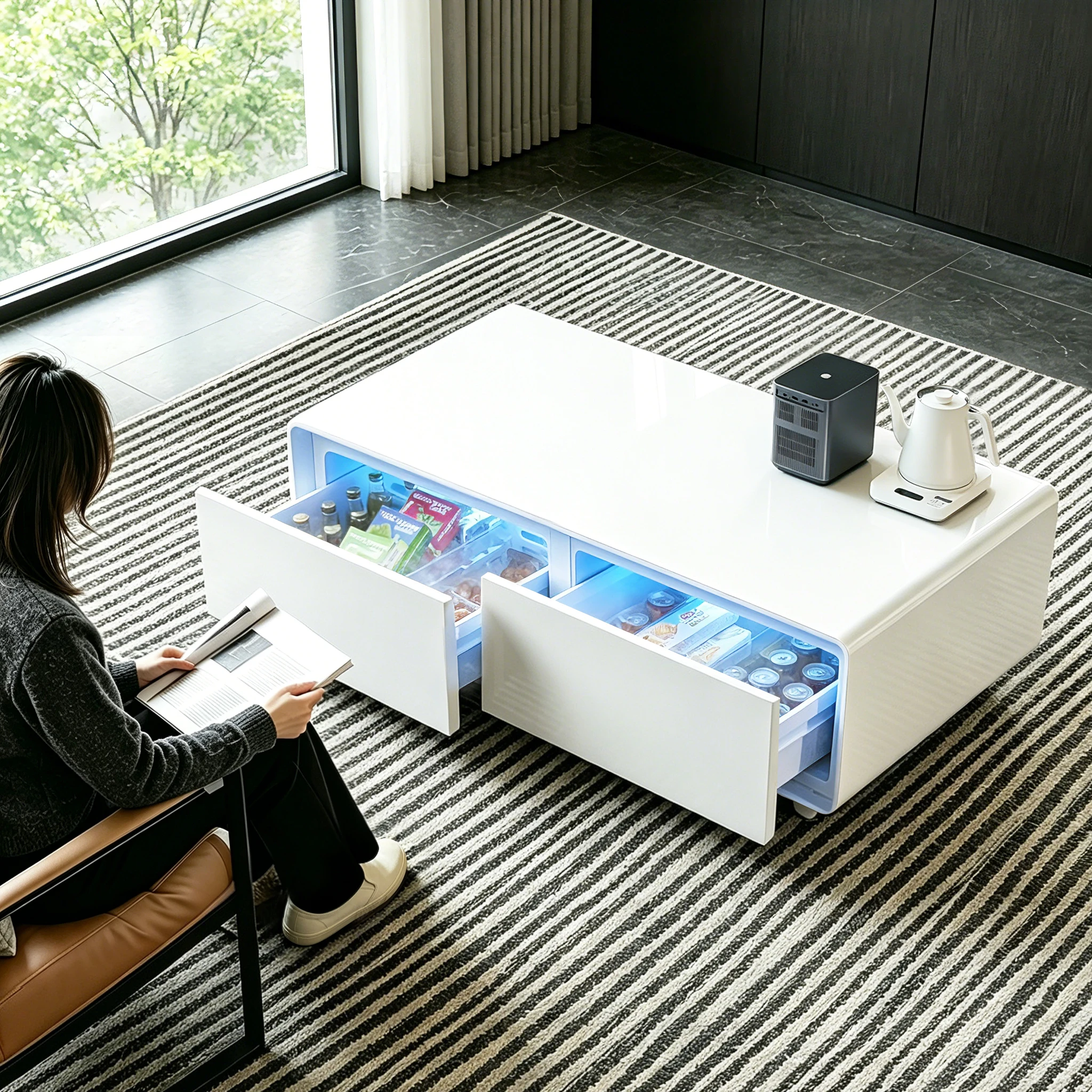 135L Coffee Table With Built-in Fridge, Dual Drawer Cooling Storage Side Table For Living Room