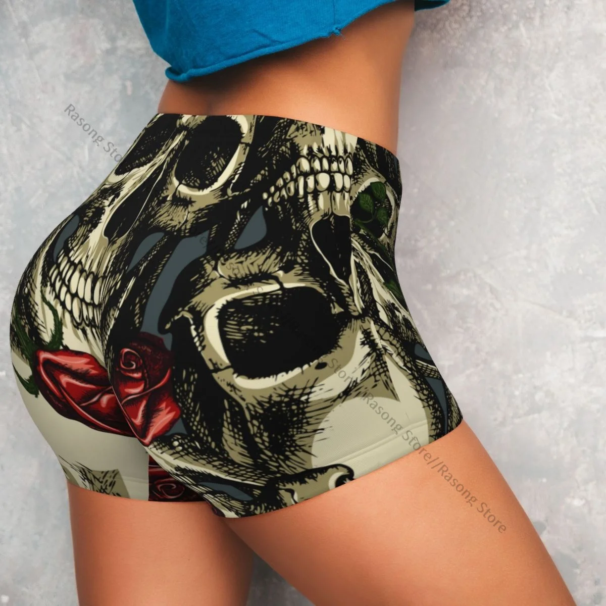 Pantaloncini da yoga da donna Rose rosse Pantaloncini da allenamento con teschi vintage Fitness ad asciugatura rapida da donna Yoga Gym Running Pantaloni corti Abbigliamento sportivo