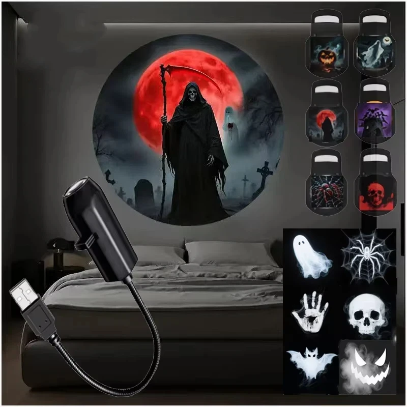 USB Projector Light Halloween Skull NightLight Ghost LED Lamp 360° Rotating Switchable Pattern Dark Night Mood Light
