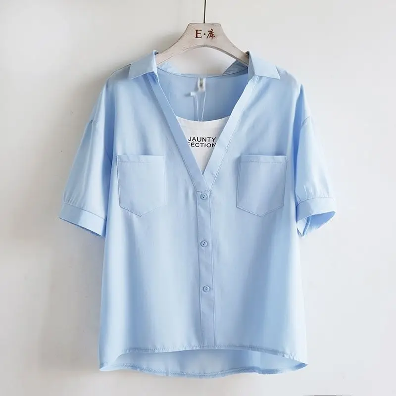 Stylish Casual Commuting Fake Two Short Sleeved Women's Shirts Summer New Versatile Loose Slimming Unique Trendy Top for Women