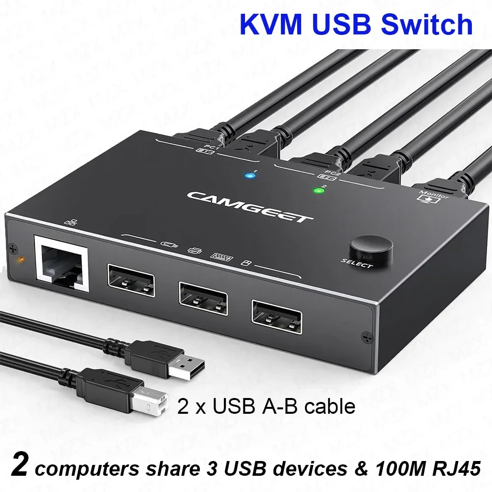 AIMOS HDMI KVM 스위치, 2 인 1 아웃, 4K/USB RJ45 KVM 스위치, 2 PC 공유 키보드 마우스 프린터 비디오 디스플레이, USB 스위치 스플리터