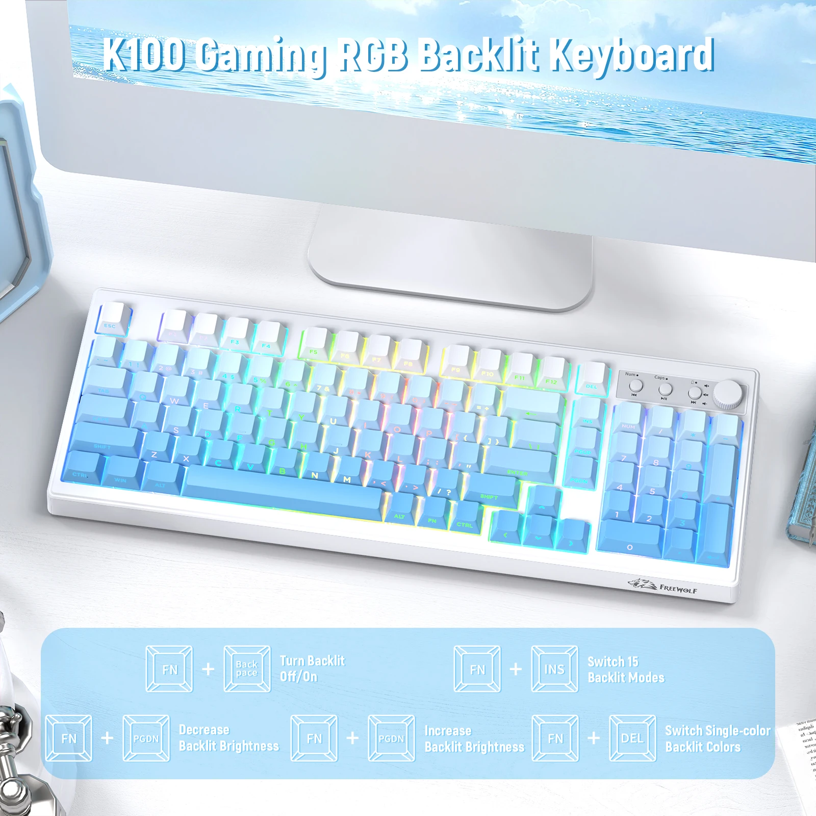 FREEWOLF K100 102 Keys Wireless Membrane Gaming Keyboard,Tri-Mode BT5.0 2.4G USB-C Wired Keyboard,Multimedia Rotary Knob, 26KRO