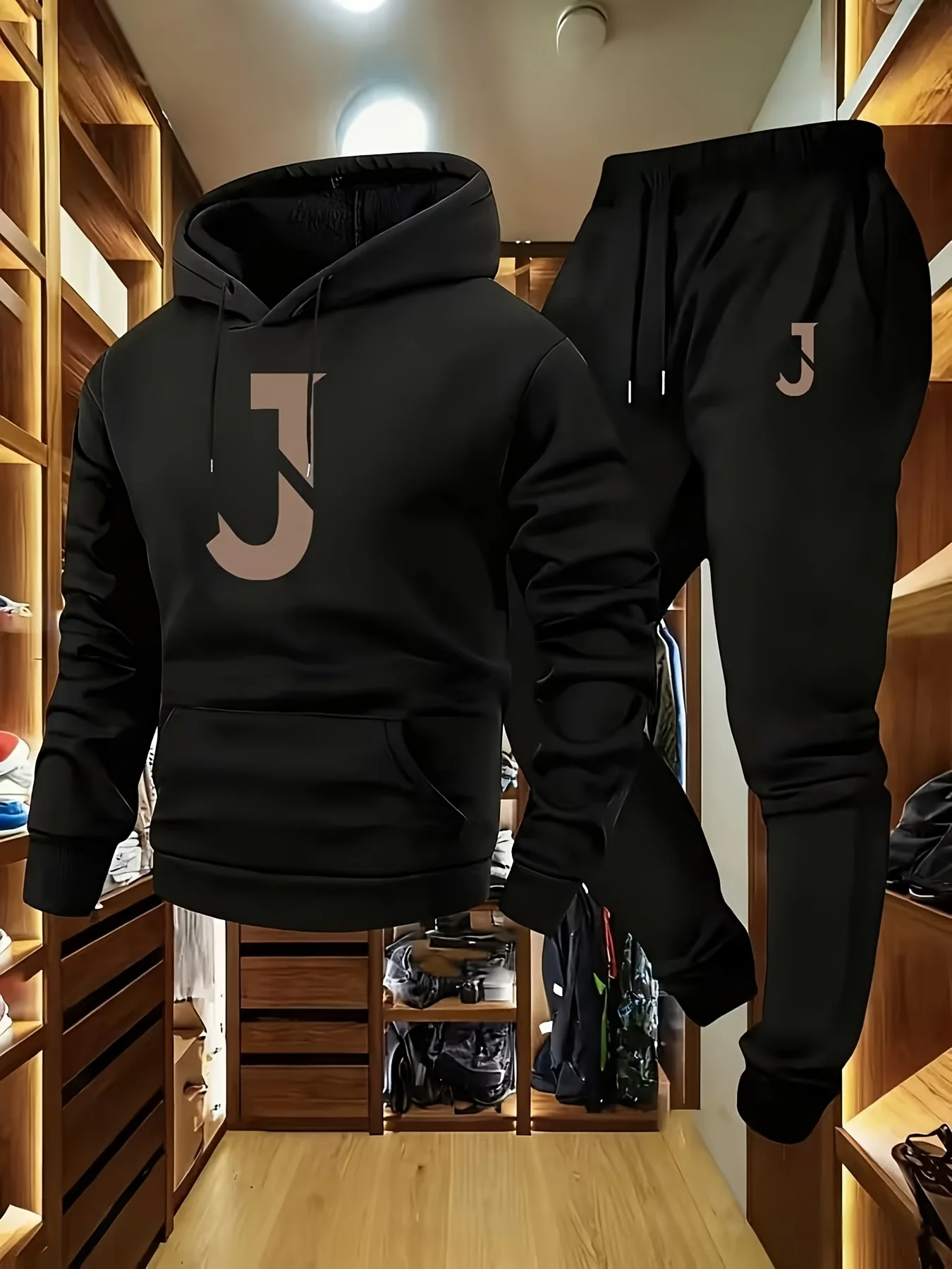 2026 Men Fall‑Winter Tracksuit, Soft Polyester Hoodie and Black Jogger Pants,  J pattern , Loose 2‑Piece Casual Outdoor Outfit view 3
