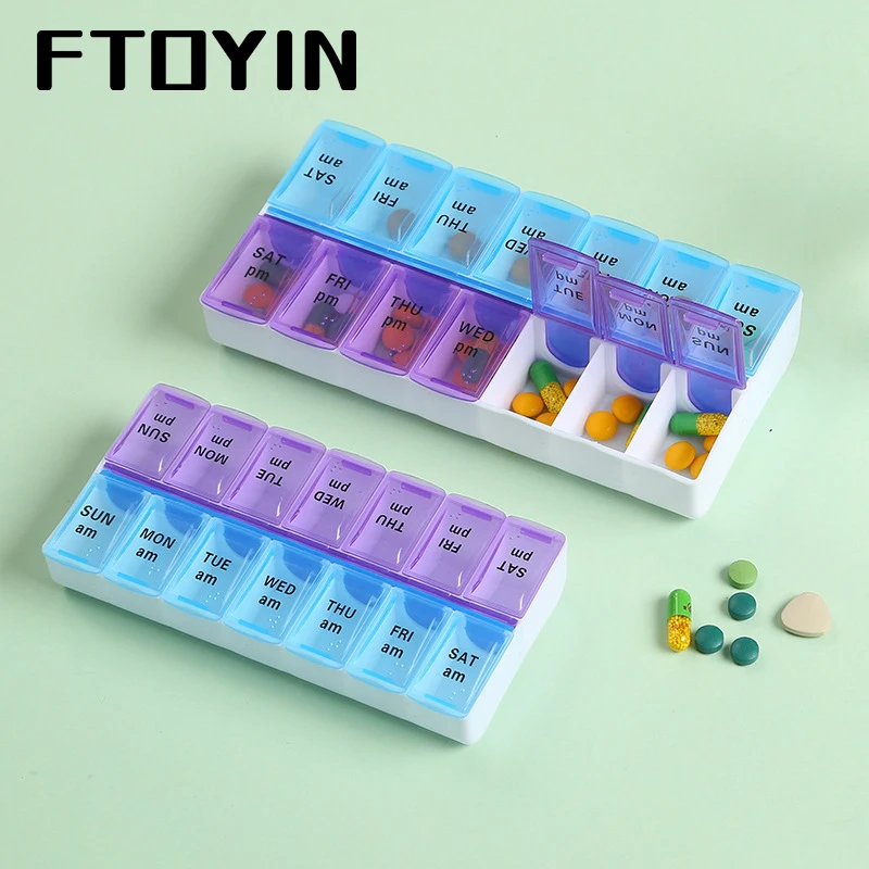 FTOYIN 14Grids 7 Days Weekly Pill Case Medicine Tablet Dispenser Organizer Pill Box Splitters Pill Storage Organizer Container