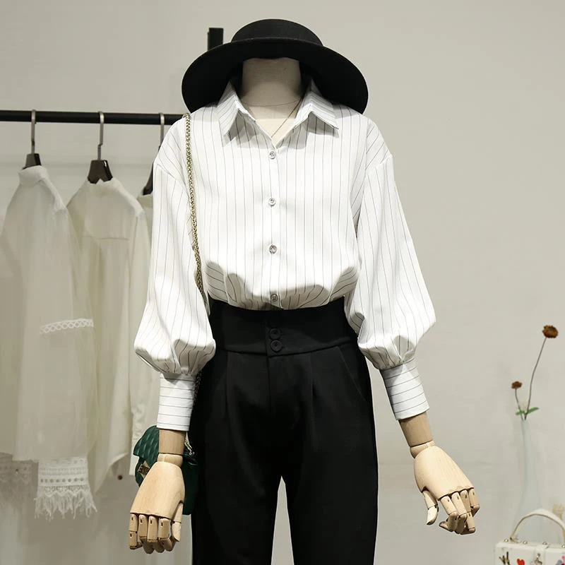 Retro Striped Women Shirts Korean Office Long Sleeve Female Casual Blouse Autumn All Match Button Turn Down Collar Ladies Tops