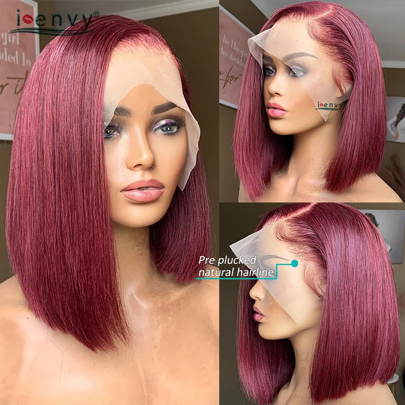 Burgundy Red Bob Wig Lace Front Human Hair Wigs 99J Peruvian Straight Short Bob Wigs Transparent T Part Lace Wigs Ginger Blonde