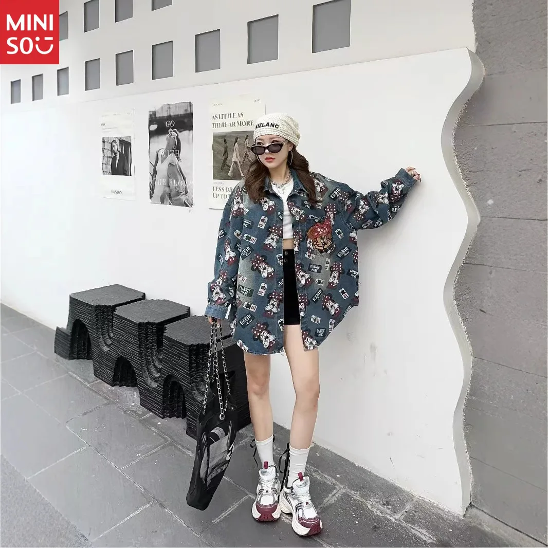 

2025 Spring Heavy Industry Beaded Cartoon Printed Denim Jacket Women's Loose Age Reduction Personality Jacket Top