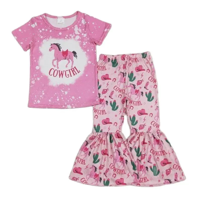 RTS Baby Girls Wholesale Toddler Short Sleeve Pink Horse Cowgirl Tee Shirt Top Bottom Western Pants Outfits Clothing Sets