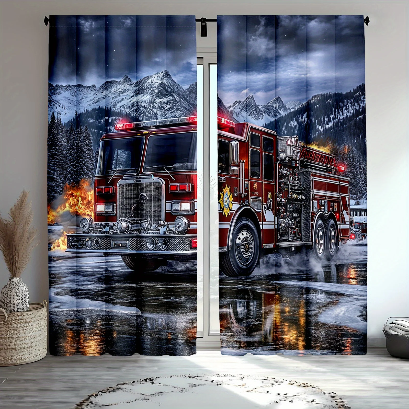 Fire Truck Curtains Emergency Vehicle Art Window Drapes Rescue Design Home Decor Man Cave Theme Living Room