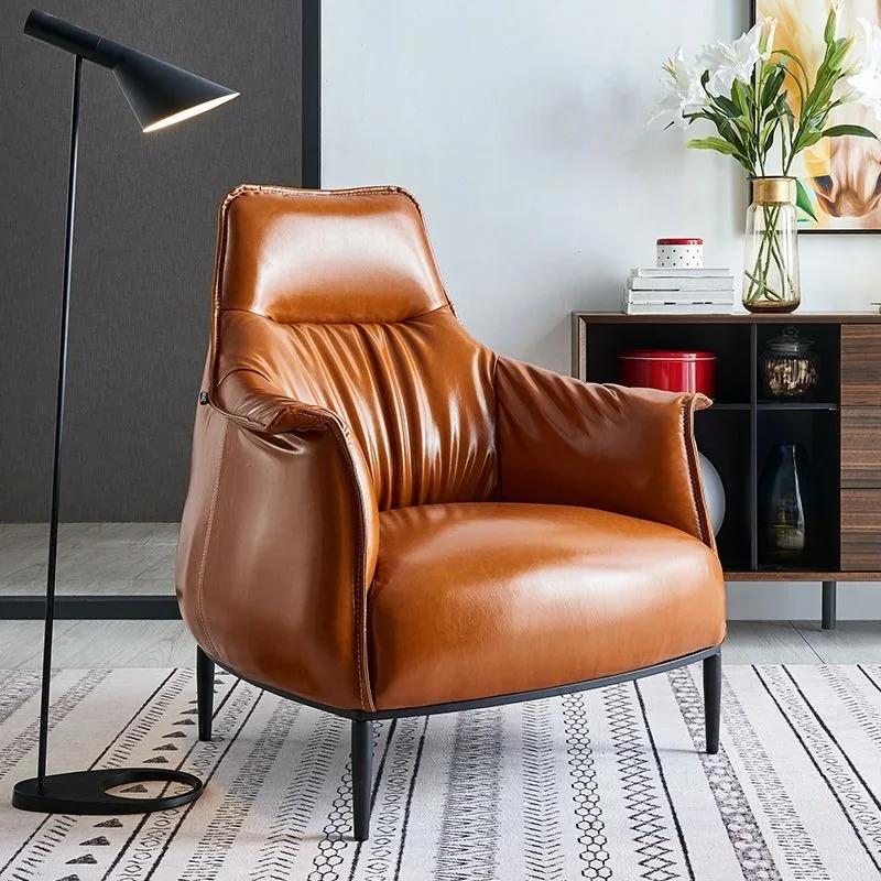 Single sofa, light luxury living room leather tiger chair, Italian minimalist balcony casual sofa chair, modern single chair