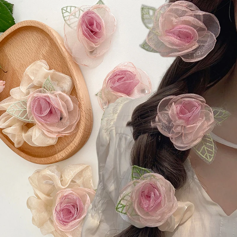 Elegant Camellia Flower Scrunchies Female Senior Dried Rose Hairpin Grab Clip Hairwear Headstring Bangs Clips Hairpin Headwear