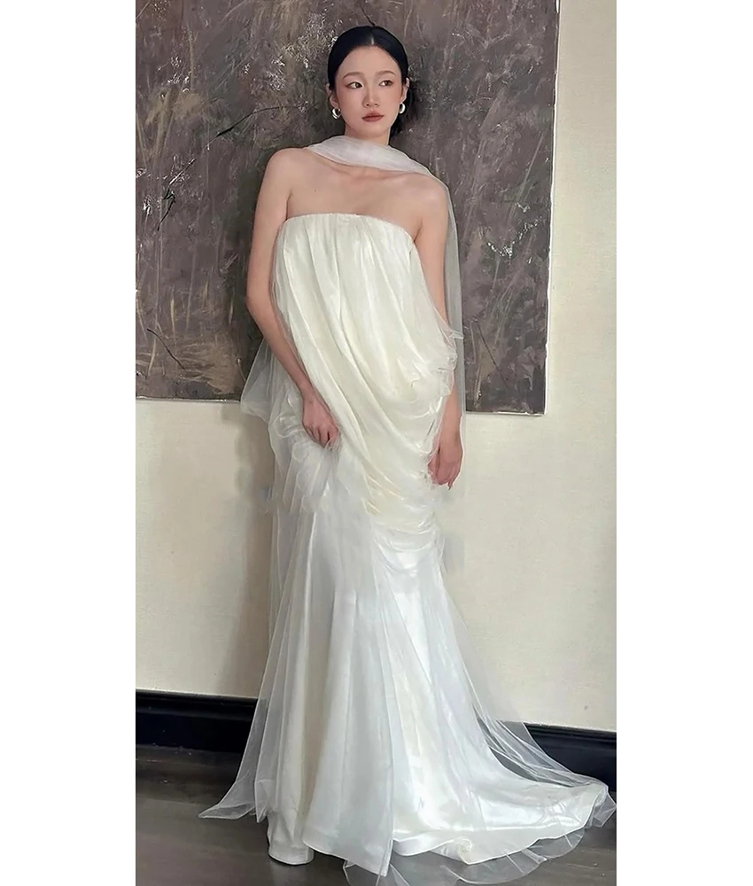 

MCDV Customized Graceful Tulle Mermaid Evening Dress Delicate Strapless Sleeveless Floor Length Women Wedding Gowns Custom Size