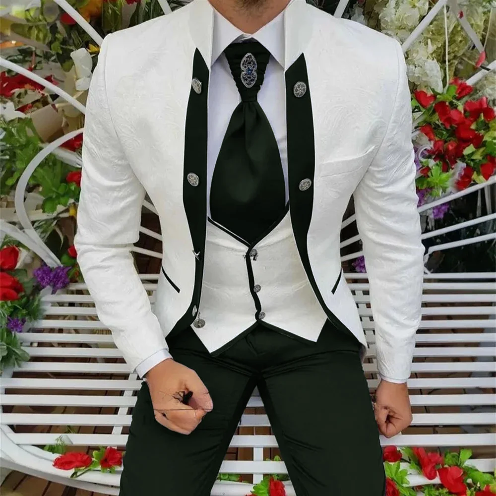 Elegant Men\'s Suit Wedding Groom Tuxedo Royal Blue with White Pattern Jacket Pants Vest Three Piece Set Formal Suits Mens