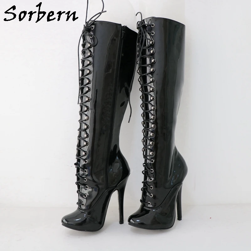 Sorbern Retro Red Knee Boots Ladies Burlesque Heel Dancer Show Lace Up Boot High Heel Customized Leg Stilettos Size 36-46