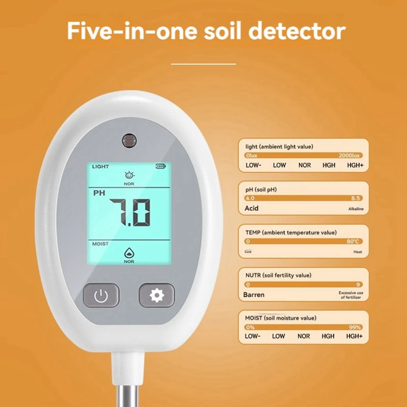 5 In 1 Soil Meter MOIST/NUTR/PH/LIGHT/Temperature Meter Digital Monitor For House Plants Garden Lawn Farm