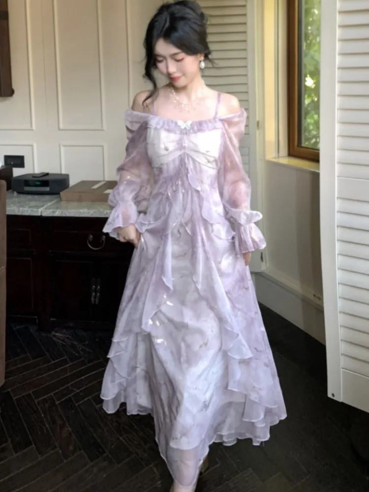 

Summer Elegant Print Fairy Long Dresses for Women French Off Shoulder Ruffles A-Line Birthday Party Dress One Piece Vestidos New