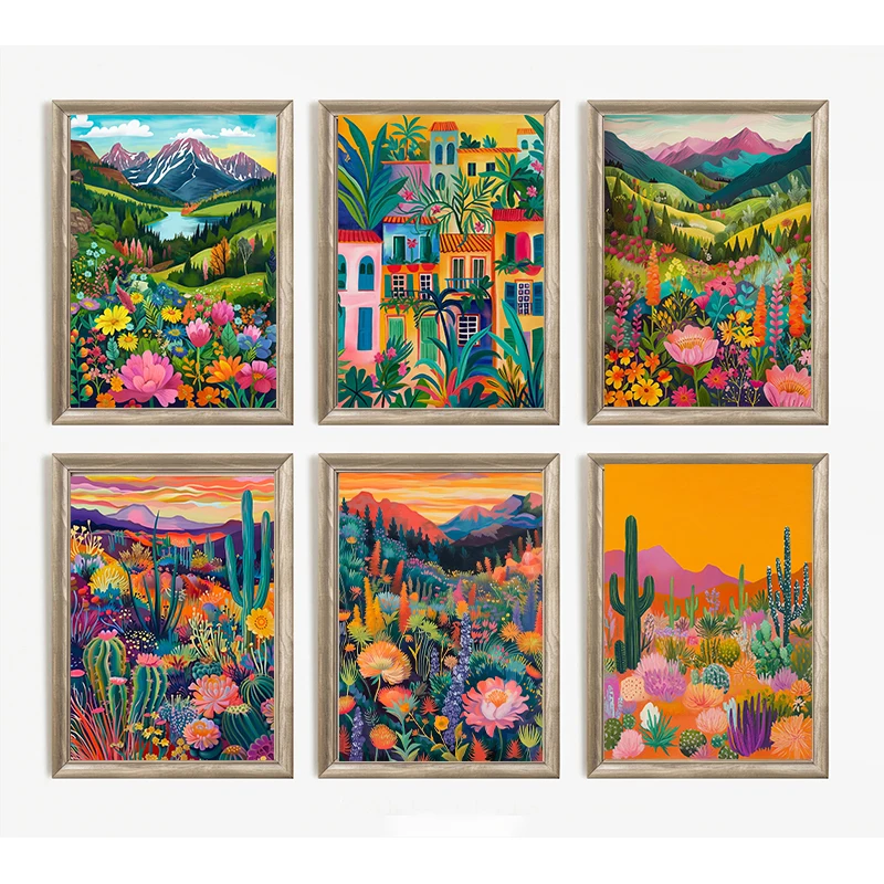 1pc framless Canvas Painting Colorful Summer Flower Botanical Cactus Mountains Garden Illustration Poster Canvas Painting Print