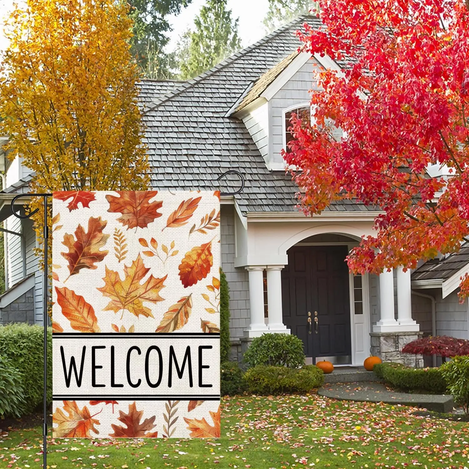 Welcome Fall Garden Flag 12x18 Inch Double Sided, Small Burlap Autumn Maple Leaves Thanksgiving Seasonal Yard Outdoor Flag KZA
