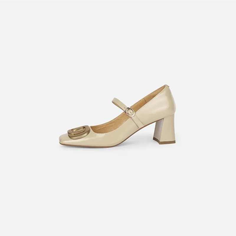 High-heeled Shoes Women Spring  New Fashion Retro Thick Square Head Metal Buckle Shallow Mouth with Mary Jane Shoes.