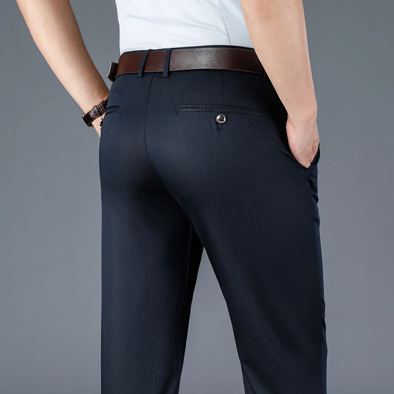 Calça casual masculina de seda gelada, fina de verão, solta reta anti-rugas, elástica, respirável, nova, 2024