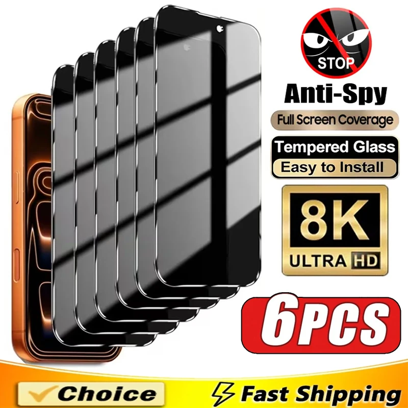 

6Pcs Privacy Glass For iPhone 17 Pro Max Screen Protector Anti-spy Tempered Glass For iPhone 16 13 11 12 14 15 PRO XR X XS MAX