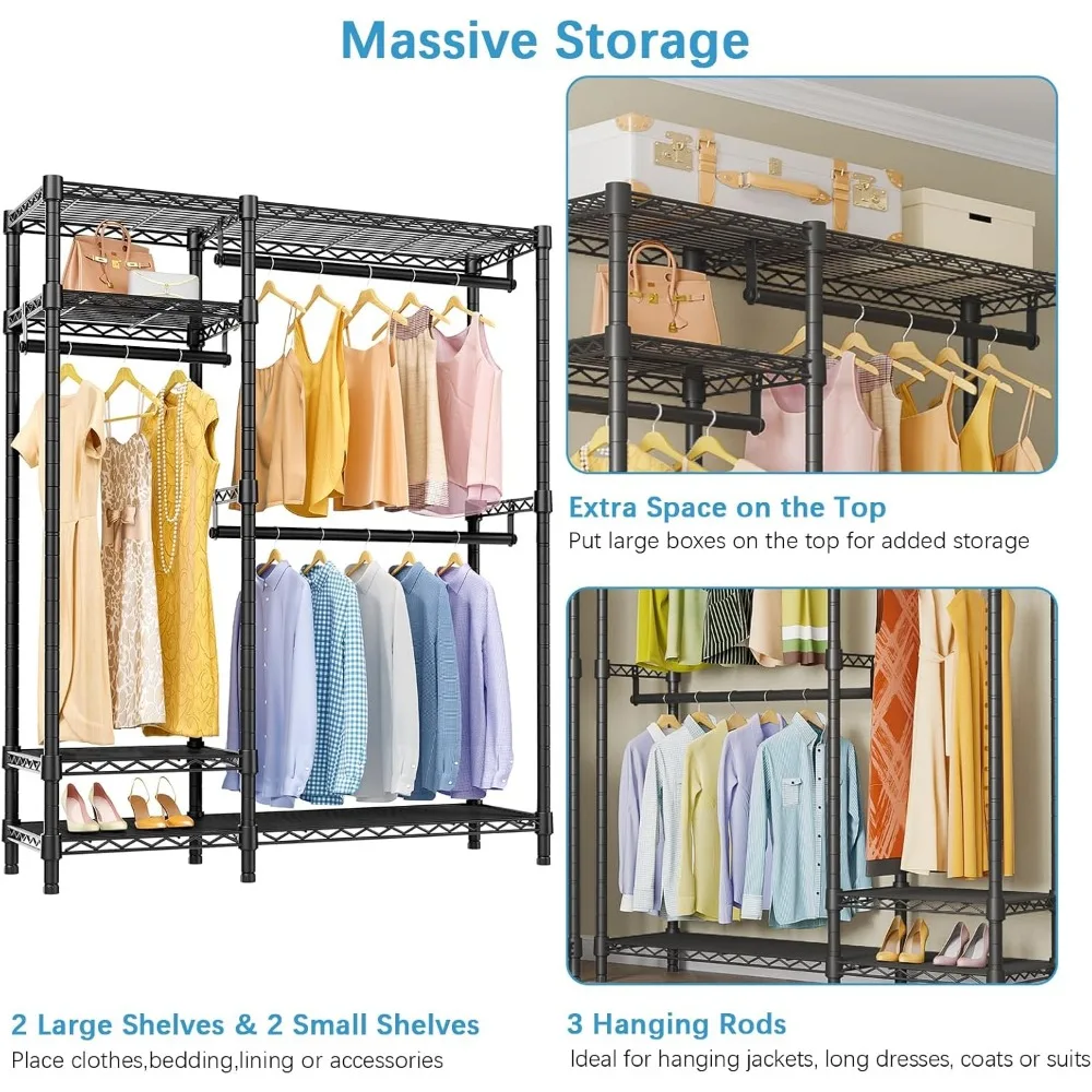 Robuster, freistehender 4-stufiger Drahtregal-Schrank-Organizer mit 3 Hängestangen für Kleidung