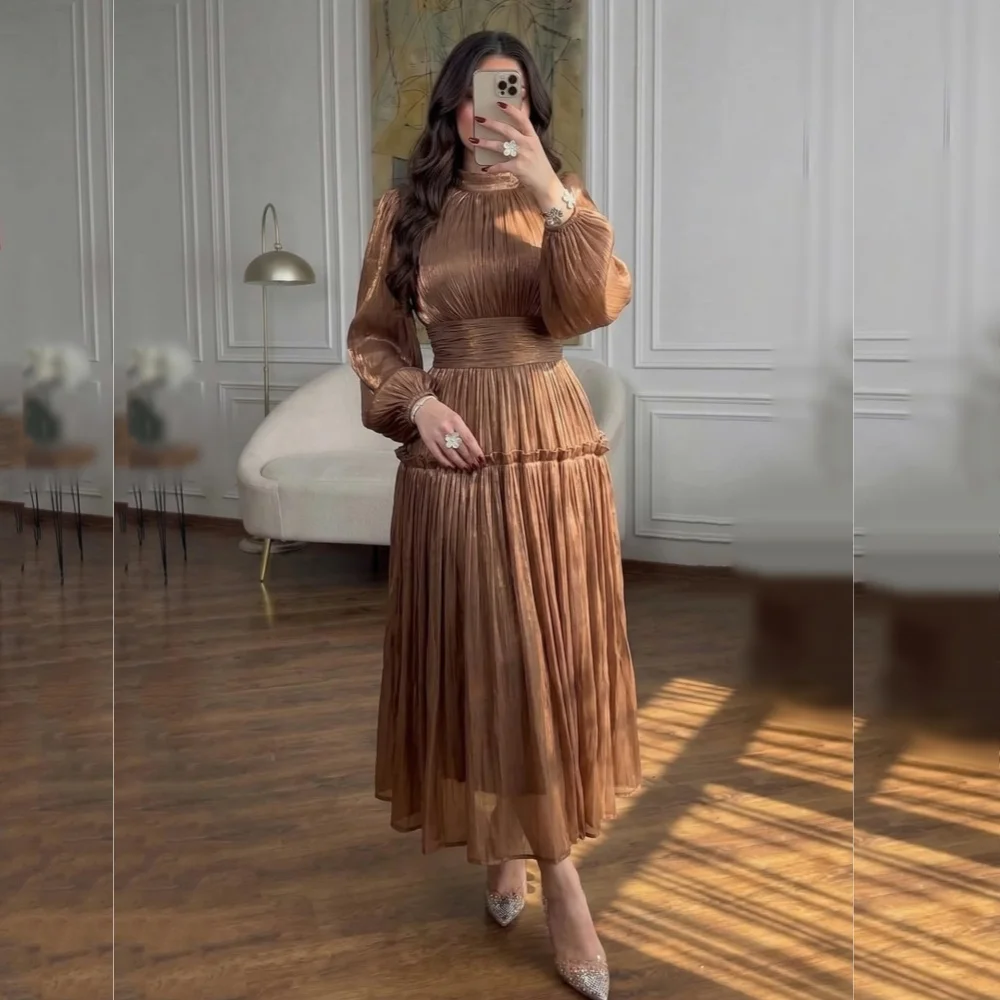 

Customized Formal Long Sleeves Evening Dress High Collar Pleat A-line Midi Dresses Party Dresses Classic
