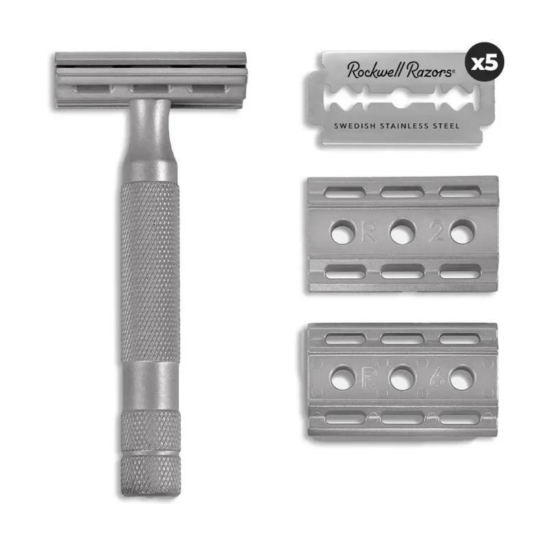 RAZORS 6S Stainless Steel Double-Edge Safety Razor with 6 Adjustable Shave Settings and 5 Blades, 8 Piece Set, Silver