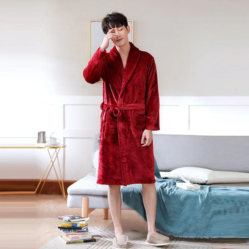 Sleepwear Coral Velvet Bathrobe  Fleece Thickened Flannel Nightwear Long Autumn Winter Cosy Thermal Pajamas Both Men Women