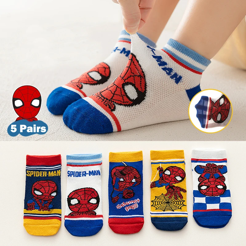 5 Pairs Kids Socks Spring Summer Spiderman Anime Children Socks Boys Short Sock Cartoon Iron Man Captain America Baby Mesh Socks