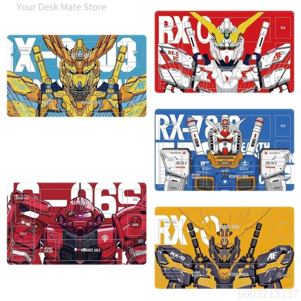 Anime Game Gundam Yellow Background Battle Mecha TCG Playmat, Line Art Warrior Robot Non-Slip Rubber Trading Card Game Mat