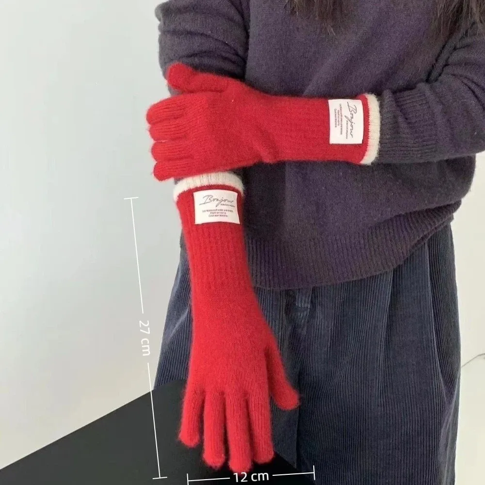 قفازات جديدة طويلة تعمل باللمس بلون سادة قفازات محبوكة سميكة للحماية من البرد قفازات أصابع عارية دافئة للنساء