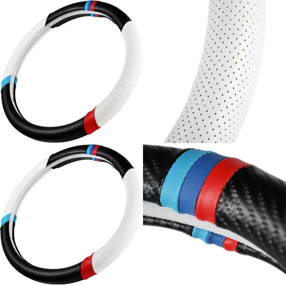 

Carbon Fiber + Sporty Perforated Leather Steering Wheel Cover with Sporty Stripes, Non-Slip and Sweat Absorbent for 15 inches Ca