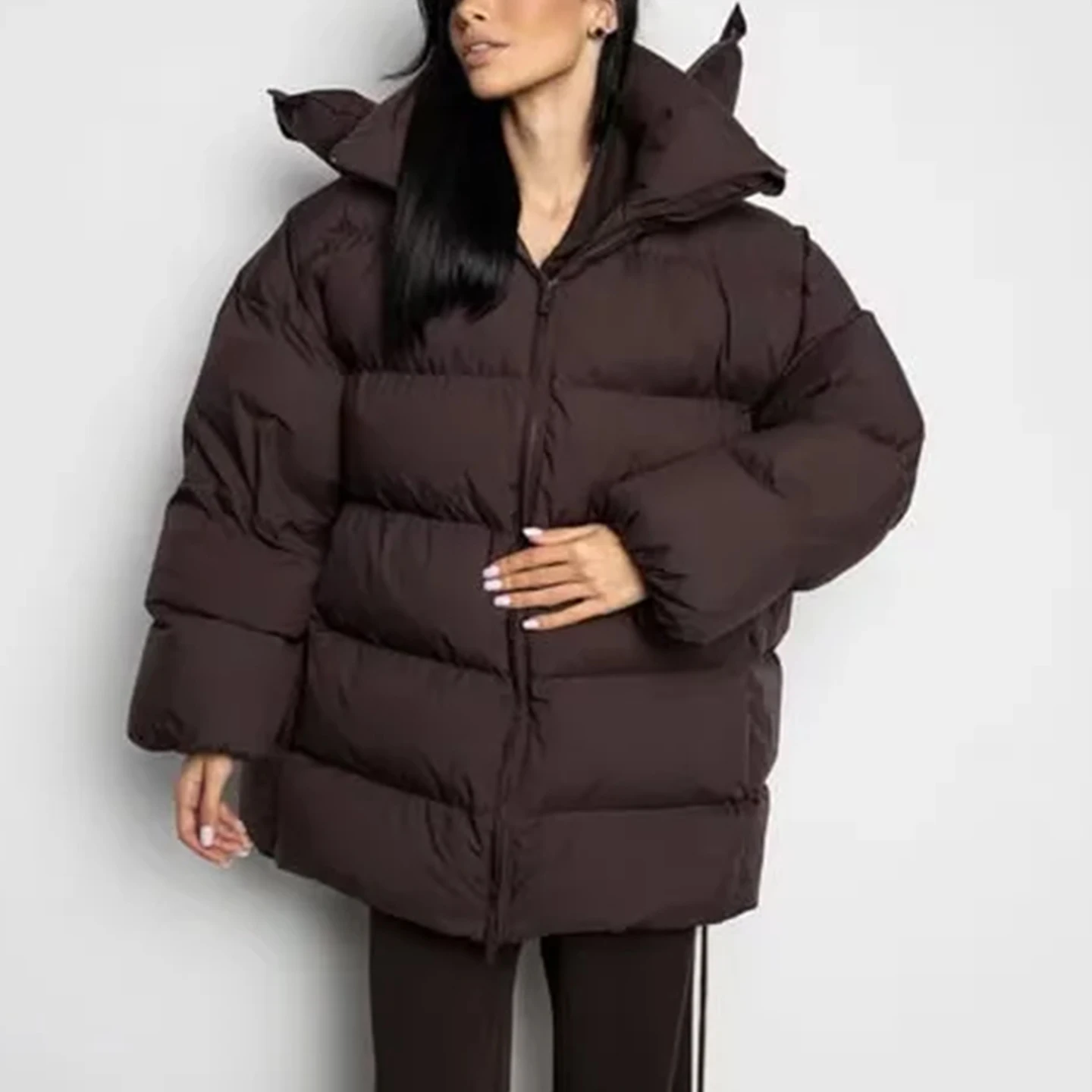 شتاء جديد المرأة عادية فضفاضة تناسب طويلة Sve الوقوف طوق مقنعين الدافئة القطن Jaet ملابس خارجية Faion تخفيف Sle سستة