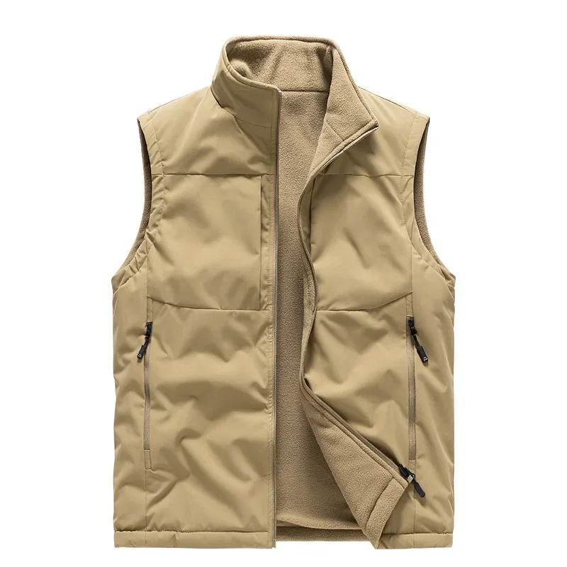 New Winter Men Fleece Outdoor Reversible Vests Quality Waistcoats Climbing Sleeveless Jackets Multi Pockets Fishing Cargo Vests