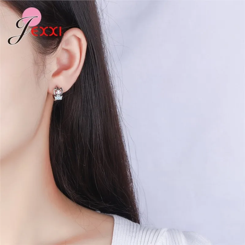 

Cute Genuine 925 Sterling Silver Pink Blue CZ Owl Huggies Small Hoop Earrings For Women Girls Anti-Allergic Jewelry