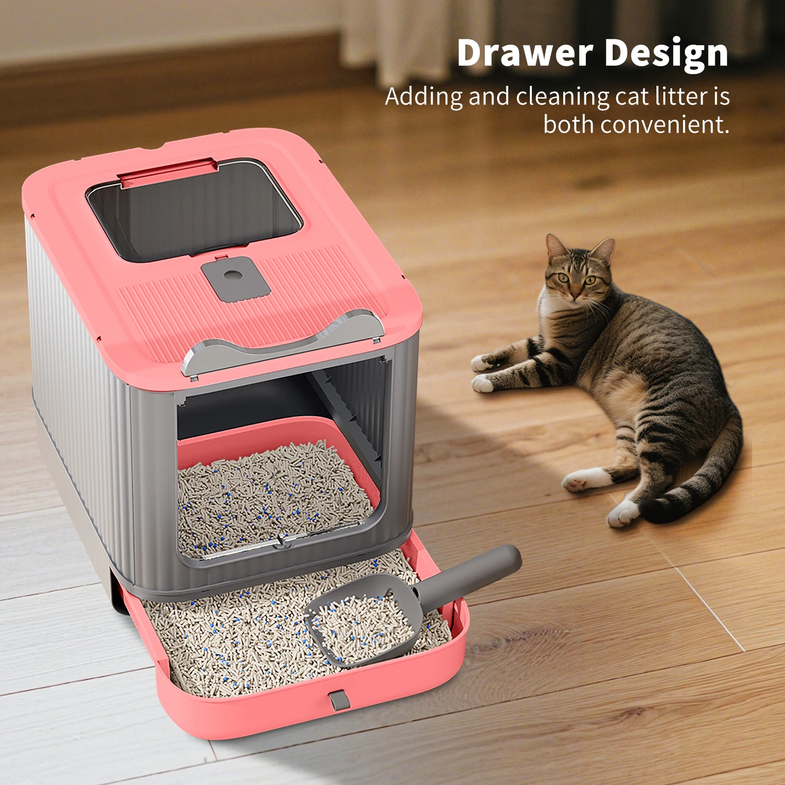 Caja de arena para gatos, plegable, grande, con entrada y salida libre/unidireccional, con tapa, tipo cajón, cerrada, antisalpicaduras, fácil de limpiar