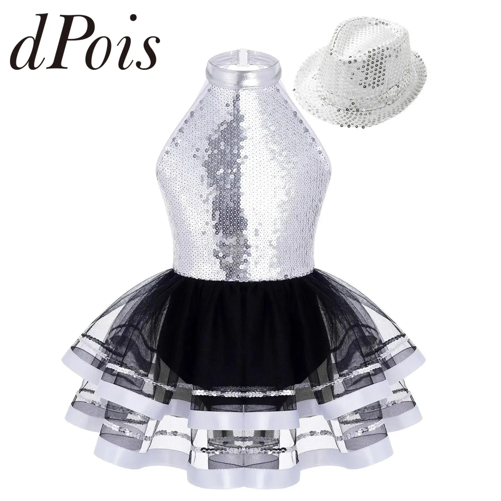 

Children Performance Costume Halter Sleeveless Backless Sparkling Sequins Ballet Tutu Dress with Hat Kids Girls Jazz Dance Wear