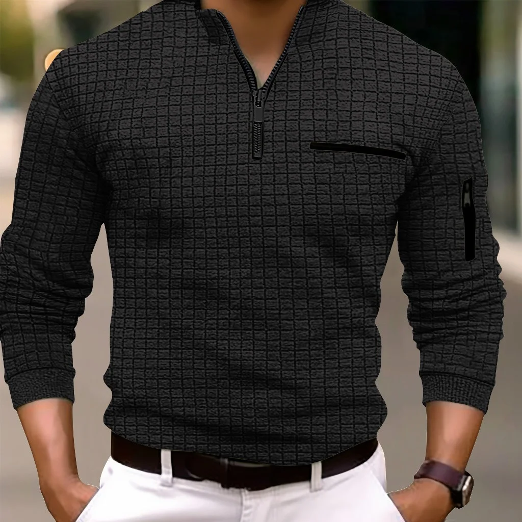 2024 spring and autumn new men\'s casual checkered POLO shirt arm zipper sport T-shirt trend men stand collar long sleeve top