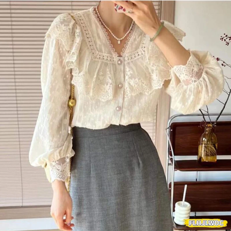 2024 Spring Autumn Basic Shirts Blouses Women Fashion Long Sleeve Elegant Office Lady Work Solid White Ruffled Chic Tops Blusas