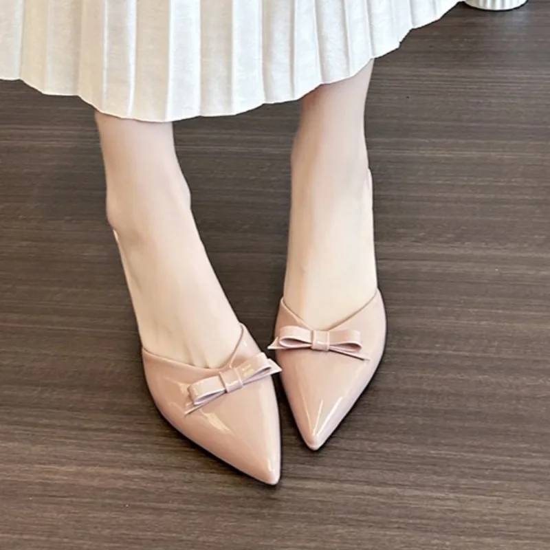 Sandalias de tacón alto para mujer, sandalias de charol de aguja 2025, verano al aire libre, sexy, con lazo, diseñador, punta cerrada, talla grande