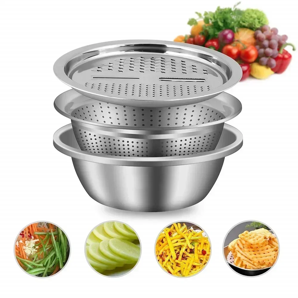 Vegetable Slicer Cutter Tools Stainless Steel Basin Vegetable Grater Kitchen Drain Basket Graters Cheese Grater Salad Maker Bowl