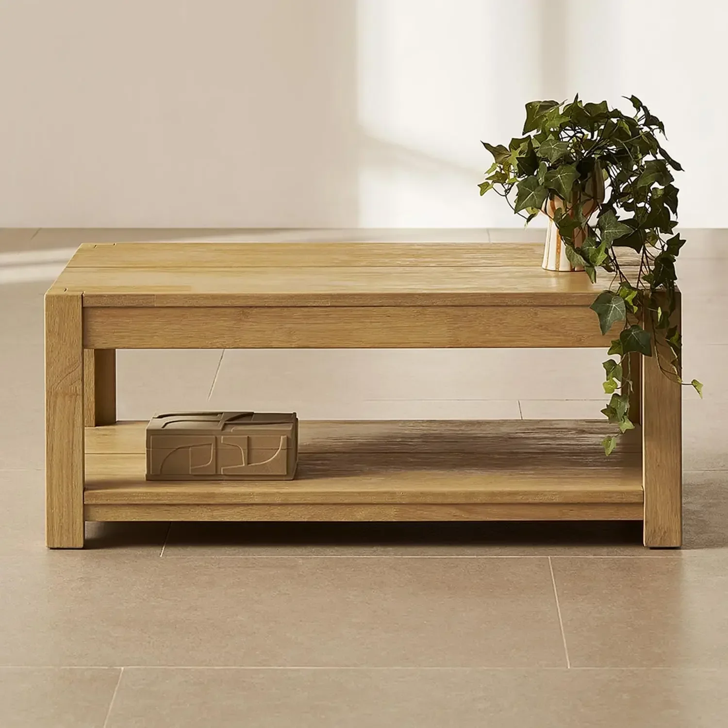 Logan Solid Wood 2-Tier Rectangle Coffee Table, Modern Farmhouse Solid Rubberwood with Light Wire Brush L Shaped Leg Joint