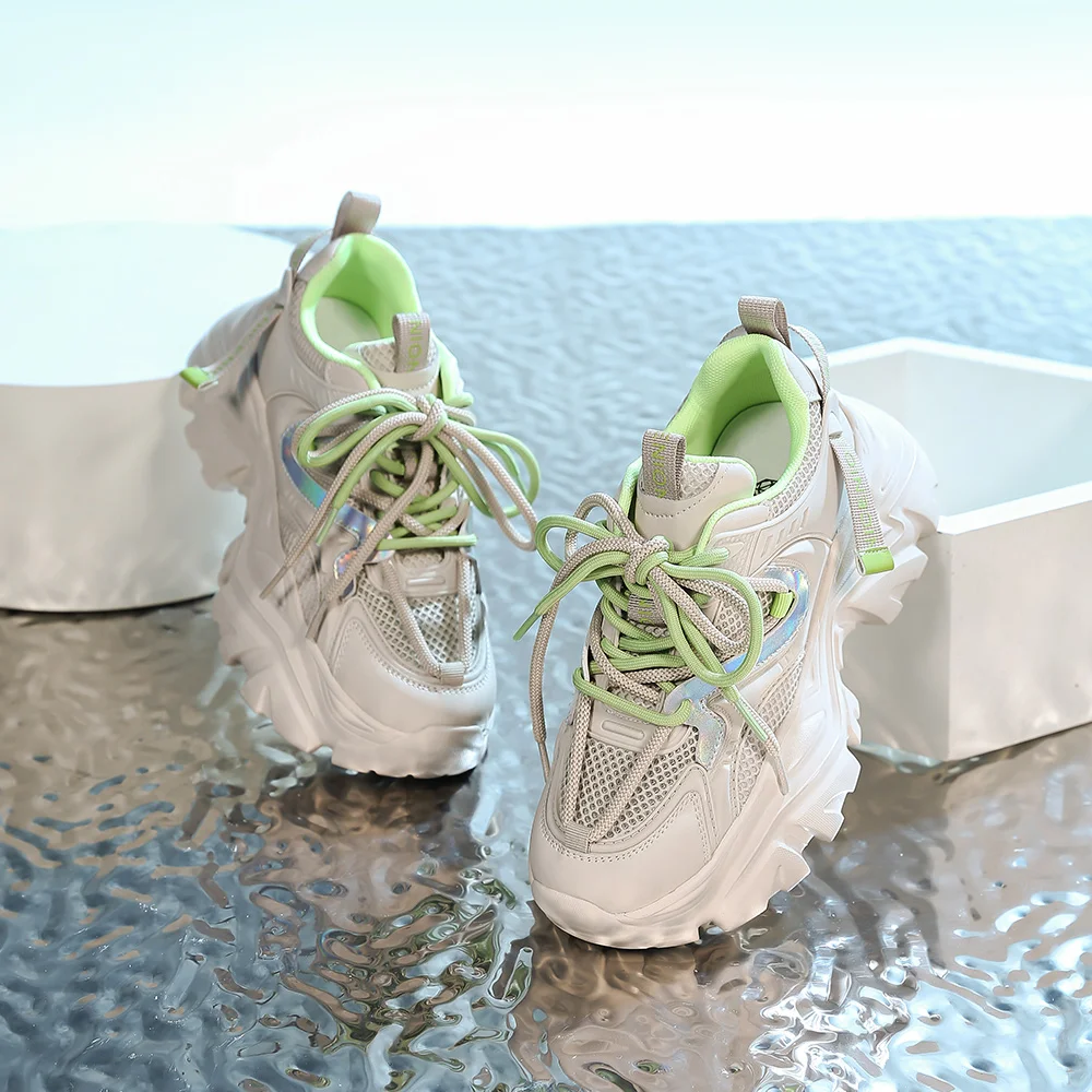 SOMILISS Women Chunky Sneakers Genuine Leather Mesh Round Toe Lace Up Ladies Breathable Fashion Platform Casual Shoes Handmade