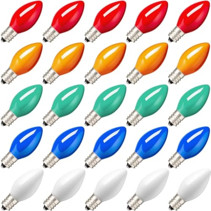 25 Pack Replacement Light Bulbs, Christmas Outdoor, Indoor, Lawn, Tree, Panel Decor Candelabra Base, Longer Life 120 Volt