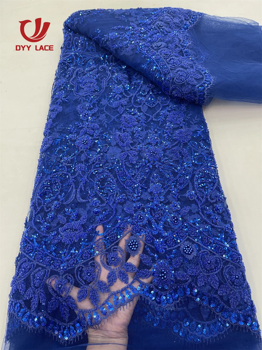 Hot Sale African Beaded Lace Net Fabric 5 Yards 2024 High Quality Nigerian Wedding Material Luxury Sequins Fabric for Sewing